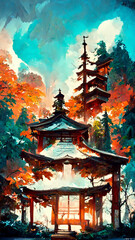 Obraz premium Japanese shrine in the forest illustration Generative AI Content by Midjourney
