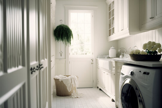 Farmhouse style laundry room, rolling carts, signs, cabinets. ai generative.