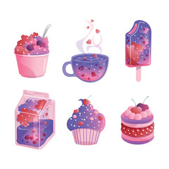 VECTOR ILLUSTRATION STICKER PACK FOOD DESSERTS BEVERAGES DRINKS MACARON CAKE ICE CREAM MILK YOGHURT TEA COFFEE