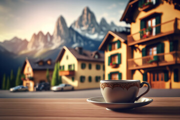Cup of coffee on blurred background of Alpine cozy street and Alps. Romantic evening view. Based on Generative AI