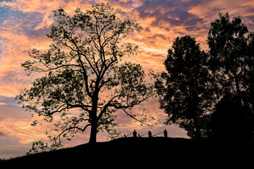 Fototapeta na wymiar Three highlanders playing trembitas at dusk.