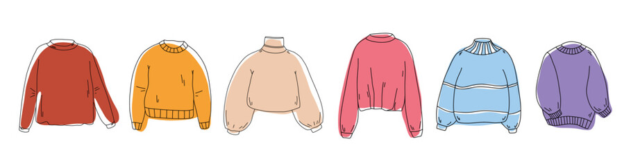 Knitted sweaters set. Warm autumn winter clothes. Doodle autumn winter clothes vector collection. Vector sketch icon isolated on white. Seasonal Design elements © Helen
