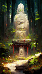 Japanese shrine in the forest stone Buddha statue illustration Generative AI Content by Midjourney
