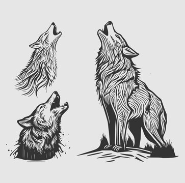 Set the wolf barking. Silhouette and styling the head for your design. Vector illustration, isolated objects
