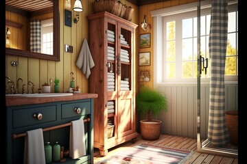 Country interior style bathroom with natural wood paneling in the morning sunshine with natural wood cabinets and the shower cabin and the washbasin are placed next to each other