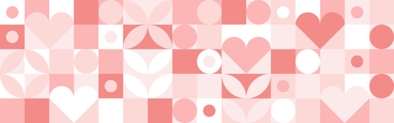 Seamless pink background for Mother's Day card template. Trendy geometric shapes with circles, squares and hearts in retro style for a Valentine's Day or wedding day cover.