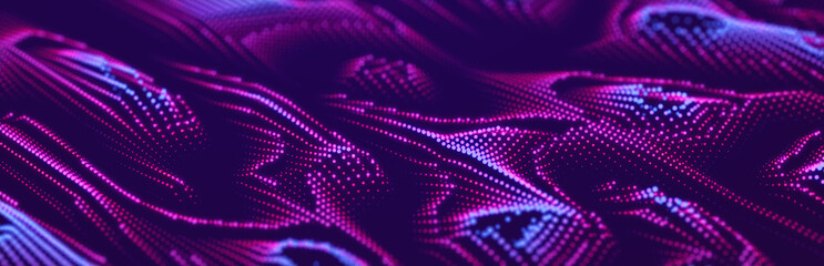Particle stream. Purple background with many glowing particles. Information technology background. 3d rendering.