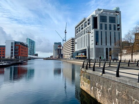 Liverpool, UK - April 3, 2019: Malmaison Hotel and other modern buildings at Princes Dock, Liverpool, Merseyside, England, UK. 