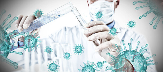 Composite image of doctor wearing medical gloves filling the test tube. Testing for Coronavirus pand