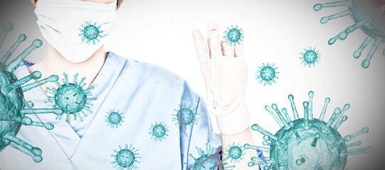 Composite image of young female doctor holding a thermometer. Testing for Coronavirus pandemic
