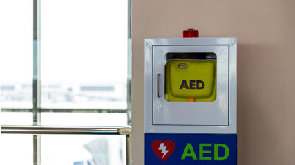 First aid box cardiopulmonary resuscitation using automated external defibrillator device, AED....