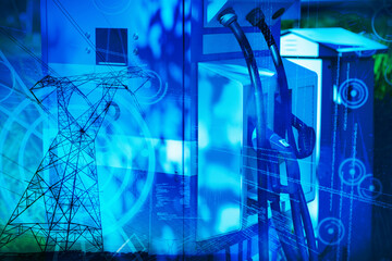 Composite image of the evening electricity pylon silhouette