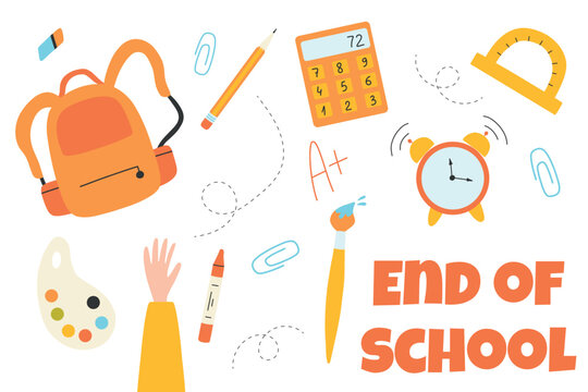 End of school. Poster banner end of school. Last day of school Graduates throw school items in the air. Vector illustration. Flat cartoon style.