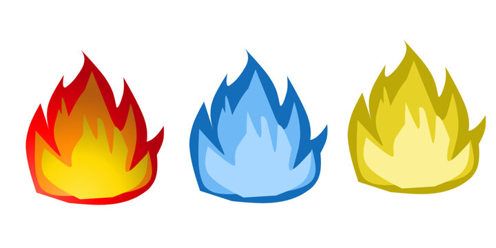 The types of fire colors, red, blue and orange. Types of fire Vector illustration.
