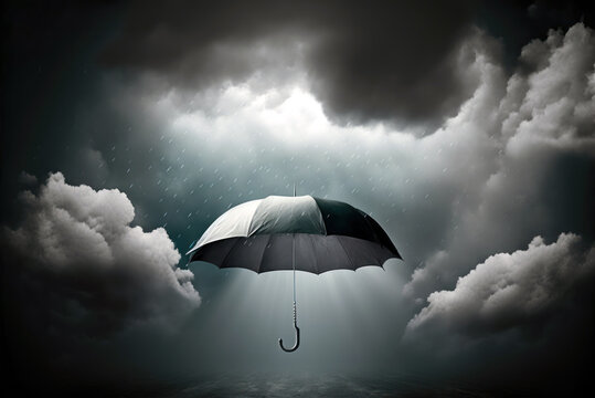 Umbrella flying in the sky, dark cloudscape, storm. Protection from rain and wind. Generative AI