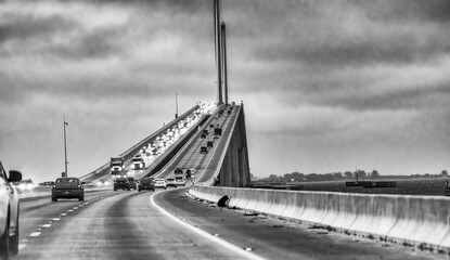 St. Petersburg, FL - February 4, 2016: Car traffic along the bridge over the sea to St Petersburg