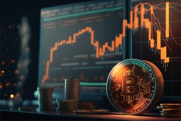 Bitcoin coins and trading chart scene. Generative AI