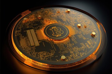 A gold coin with Bitcoin logo tech circuits. Generative AI