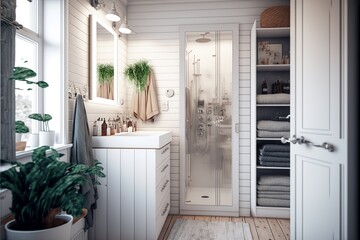 Scandinavian interior style bathroom with shower cabin and washbasin