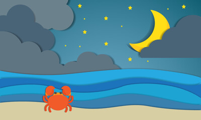 Fototapeta na wymiar hello night summer with beach landscape background and crab. paper art style. vector Illustration.