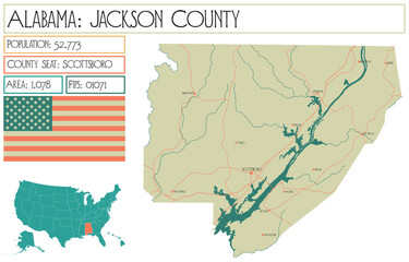 Large and detailed map of Jackson county in Alabama, USA.