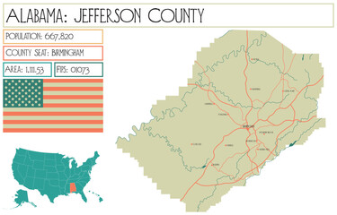 Large and detailed map of Jefferson county in Alabama, USA.