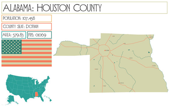 Large and detailed map of Houston county in Alabama, USA.