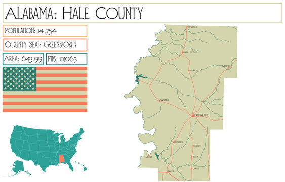 Large and detailed map of Hale county in Alabama, USA.