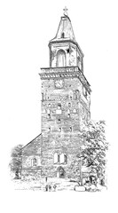 Turku Cathedral, a medieval basilica in Finland and the Mother Church of the Evangelical Lutheran Church of Finland, ink sketch illustration.