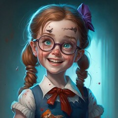 Young creepy nerd girl in glasses, Generative, AI - obrazy, fototapety, plakaty