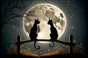 Naklejka premium A cute couple of cats sits on a fence against the background of the night sky and the moon. AI generated.