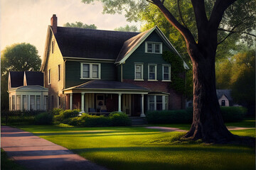 Typical American home with manicured lawn. AI generated.