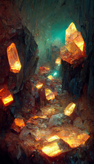 crystal cave dwarves mining glowing gemstone veins with lasers illustration Generative AI Content by Midjourney