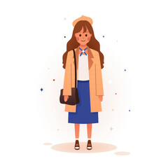 Vector illustration of a cute girl who is studying at school. A girl with a bag on her shoulder and a book in her hands goes to school. School uniform. Illustration for educational posters and stands.