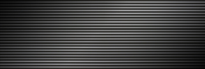 aluminum metal shutter texture in the dark. Wide industrial modern background for design. Panoramic corrugated metal texture with copy space.
