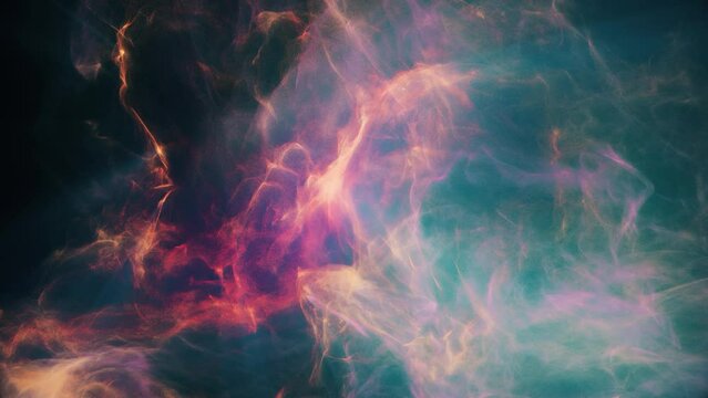 Abstract pink-orange and cyan-colored Nebula or Galaxy 3D animation with clouds of cosmic dust or gas floating in outer deep interstellar Space Universe with black background
