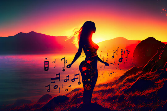 Silhouette of a woman with musical notes flowing around her in a serene sunset landscape, evoking the essence of sound meditation and tranquility. generative ai