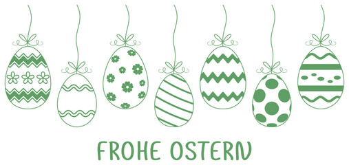 Frohe Ostern Vektor Dekoration mit Geschenkband und Ostergruß in Deutsch. Weißer isolierten Hintergrund.
Ostereier Bordüre in grün.