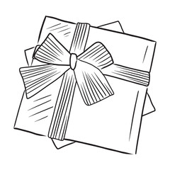 Realistic gift box with ribbon and bow in black isolated on white background. Hand drawn vector sketch illustration in simple doodle vintage outline line art engraved style. Surprise, birthday.