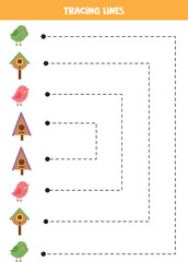 Tracing lines for kids. cute birds and birdhouses for children.