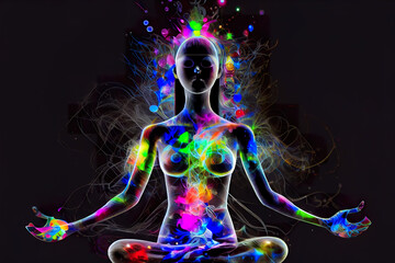 Woman in Colorful representation of a meditative yoga pose with chakra points and musical notes, symbolizing inner harmony, peace, and the art of meditation. generative ai  