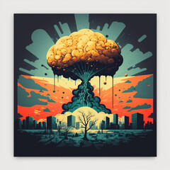 Atomic explosion over a city skyline in a picture frame. Generative AI.
