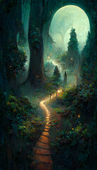 Path through magical elven woodland at night by Gediminas Pran illustration Generative AI Content by Midjourney