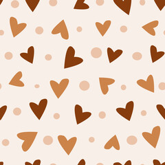 cute hand drawn brown hearts and circles on pastel background seamless vector pattern background illustration