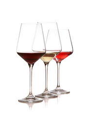 Three wine glasses on white background