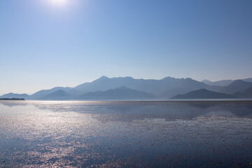 Scenic view on beautiful lake of Skadar National Park on sunny autumn day seen from Vranjina, Bar, Montenegro, Balkans, Europe. Travel destination, Dinaric Alps near Albania. Magical water reflection