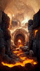Underground cave dungeon made of stone fire around medieval un illustration Generative AI Content by Midjourney