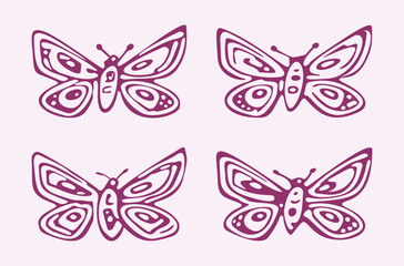 Fototapeta na wymiar Quirky butterfly vector icon set. Whimsical naive bug motif.