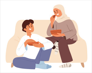 vector illustration of young man and woman enjoying quality time together eating snacks