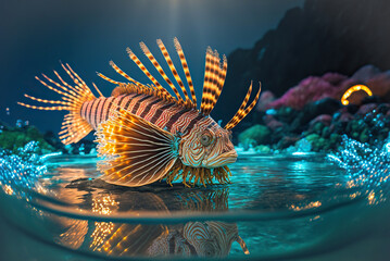 Fototapeta na wymiar Closeup of a bright and colorful lionfish